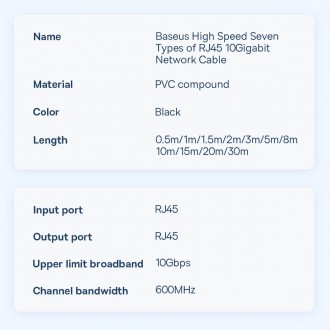 Baseus Speed Seven síťový kabel RJ45 10Gbps 0,5m černý (WKJS010001)