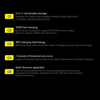 Baseus Traction Series 3 v 1 zatahovací kabel USB typu C – micro USB / USB typu C / Lightning Power Delivery 100 W 1,7 m zelený (CAQY000006)